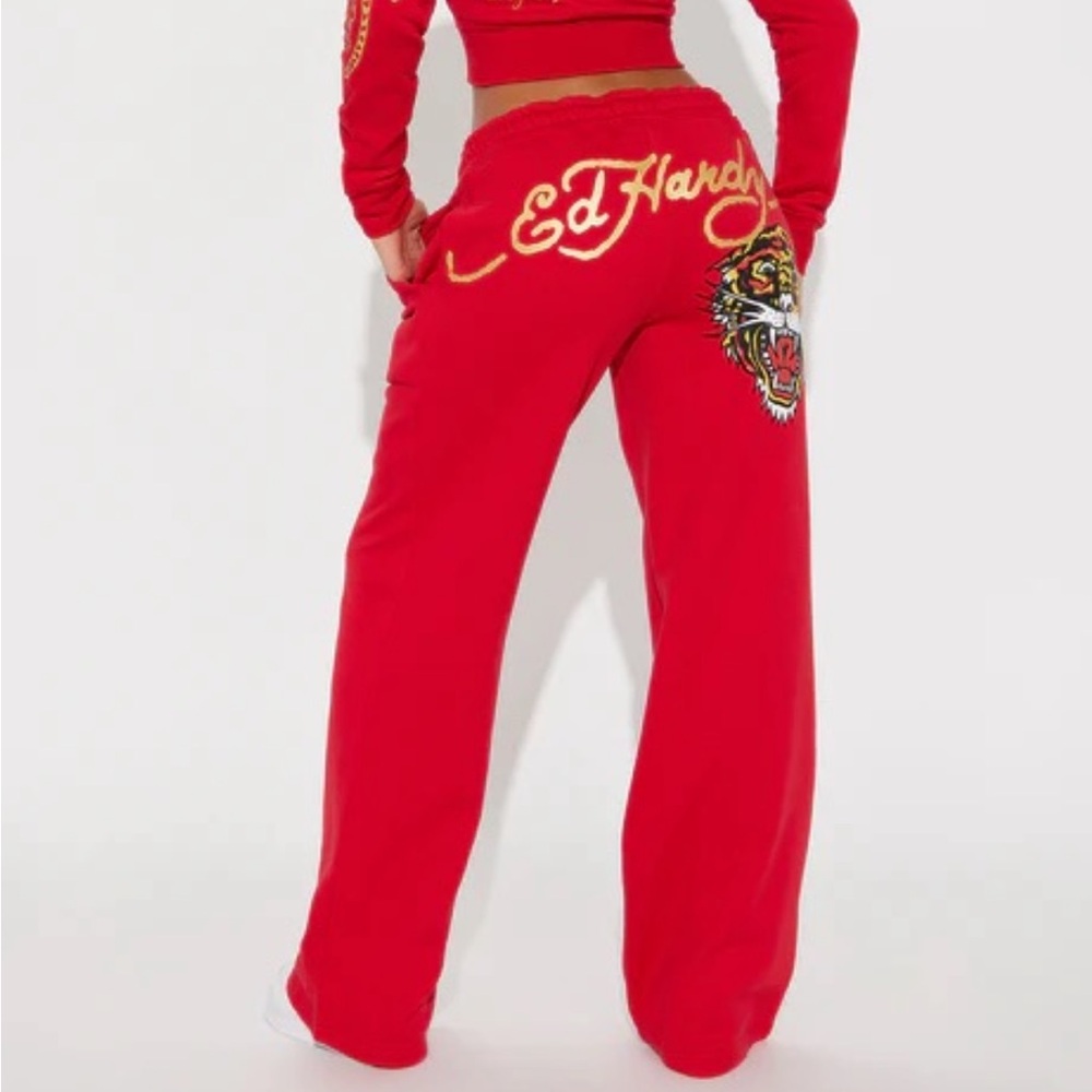 Ed Hardy Red Track Pants with Gold Embellishments